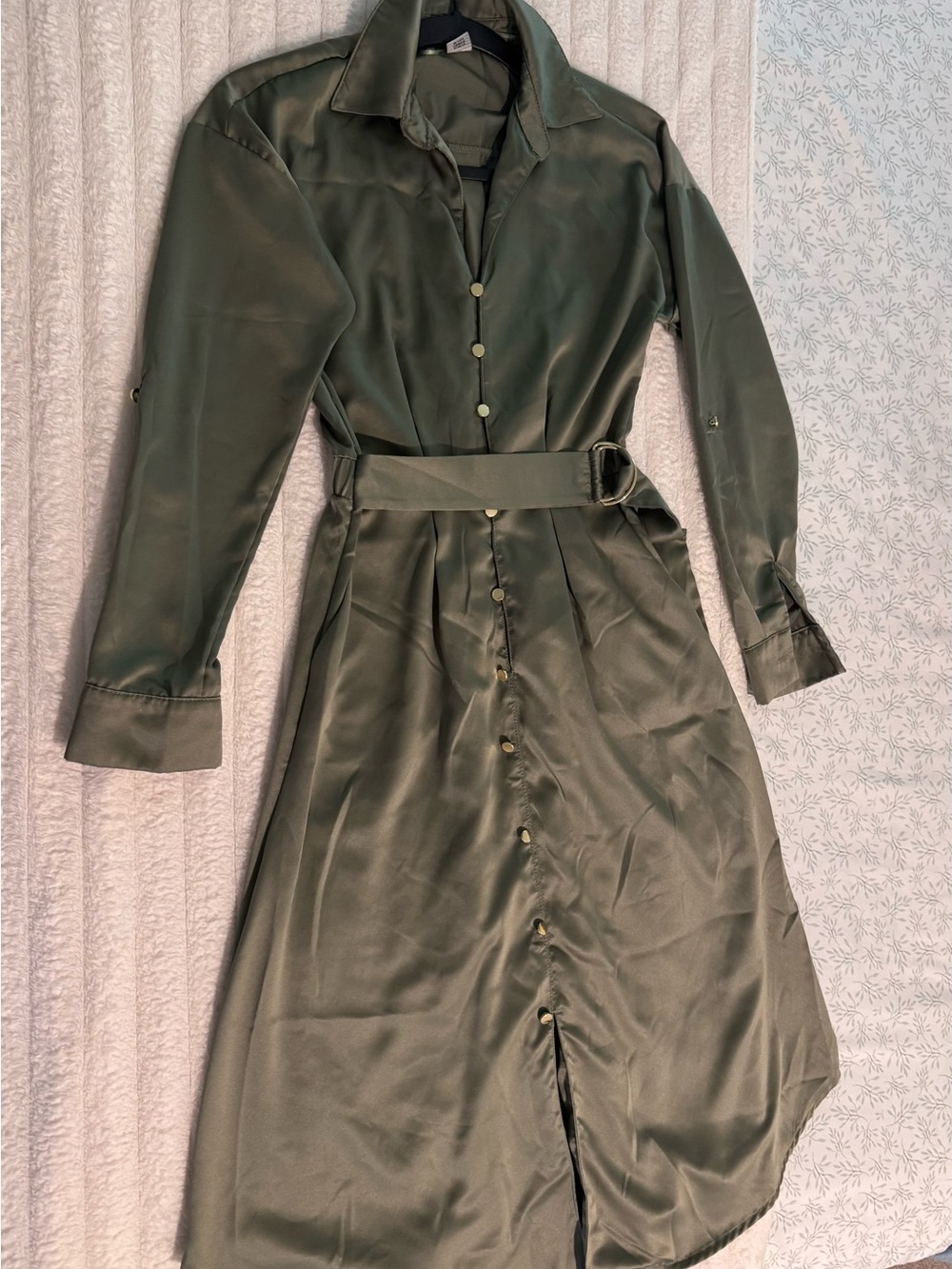 French Connection Olive Green Button-Front Midi Shirt Dress with Belt